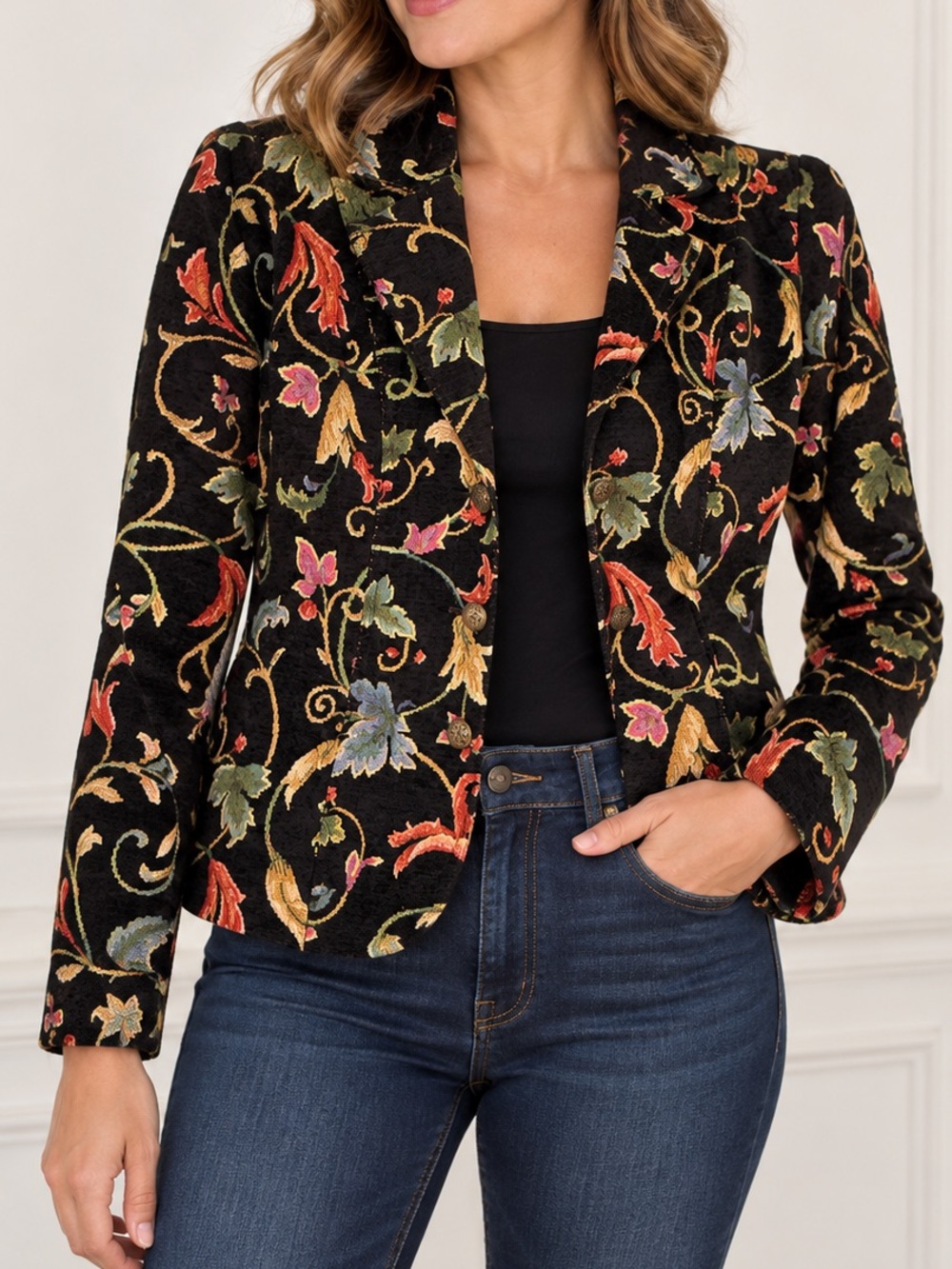 ELCC Floral Tapestry Blazer Jacket Black Multicolor Vintage Size Small